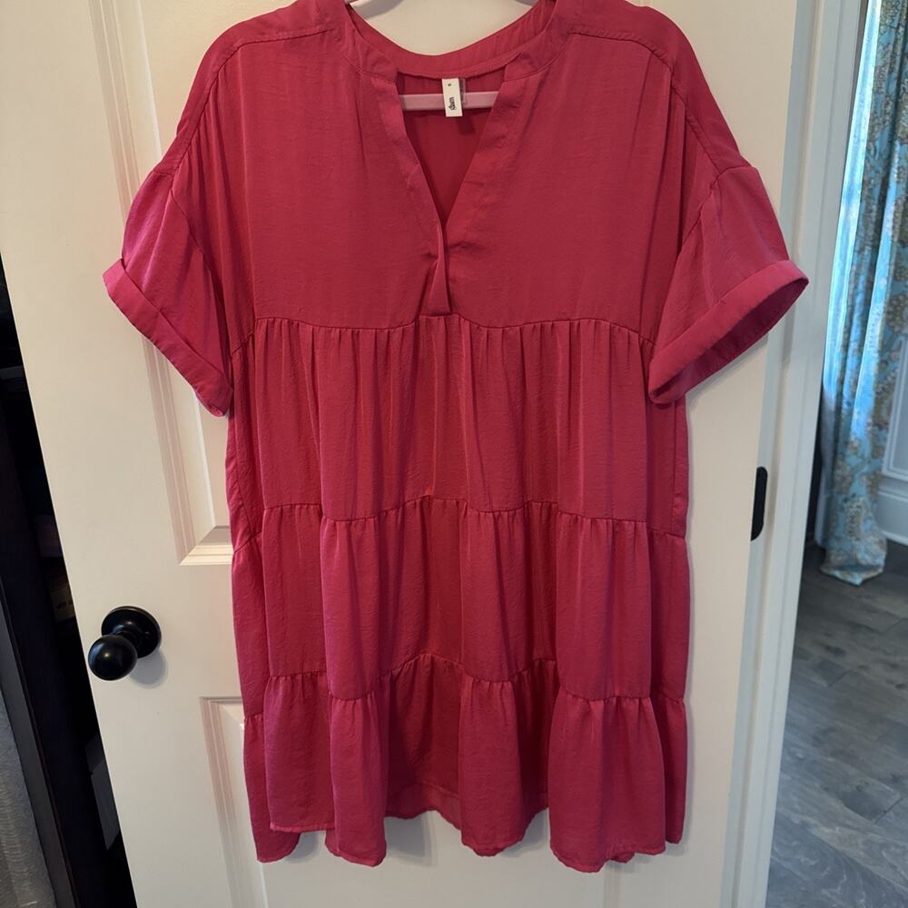 Women’s Glam Hot Pink Tiered V Neck Midi Dress Ruffled Size Medium